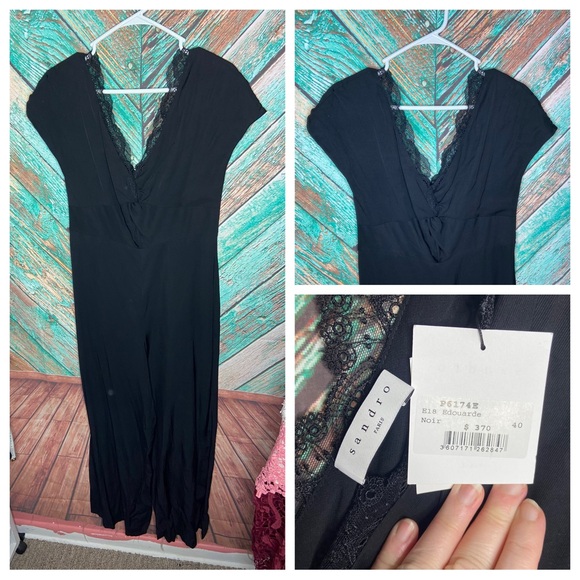 Sandro Edouard Black Jumpsuit With Lace Trim NWT - Picture 2 of 7
